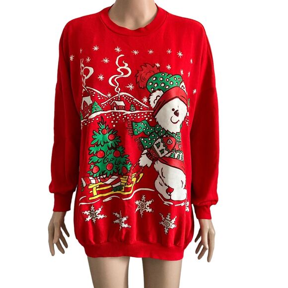 Linda Lori New York Sweatshirt Womens One Size XL Red Christmas Teddy Bear - Picture 1 of 8